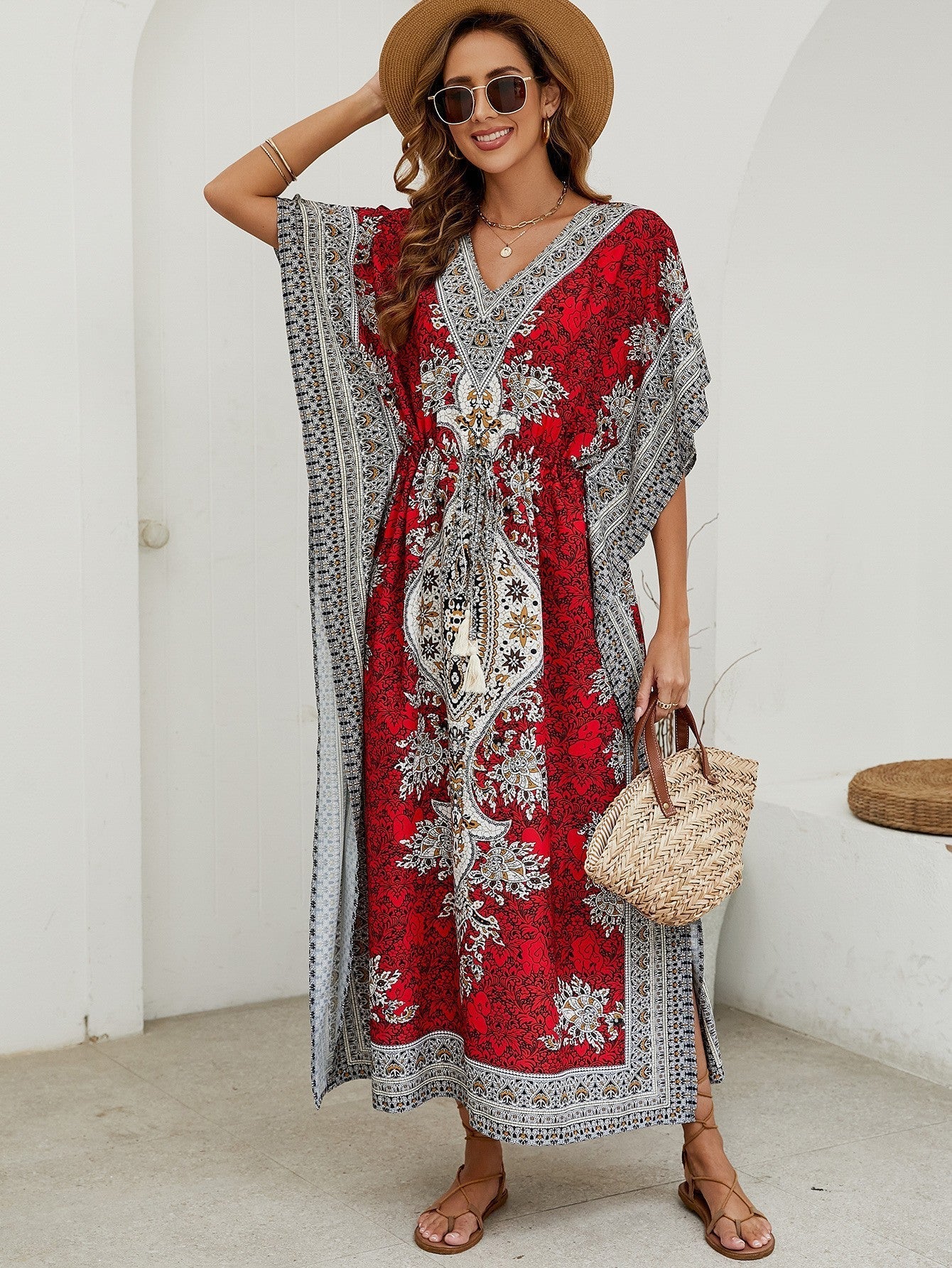 Damen Maxikleid – Luftiges Design – V-Ausschnitt – Weite Ärmel – Ornamentmuster
