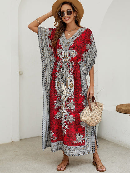 Damen Maxikleid – Luftiges Design – V-Ausschnitt – Weite Ärmel – Ornamentmuster