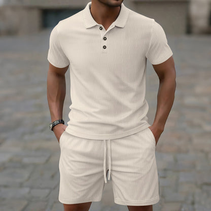 Herren Set – T-Shirt & Shorts – Slim Fit – Atmungsaktiv – Texturiertes Design – Knopfleiste – Elastischer Bund