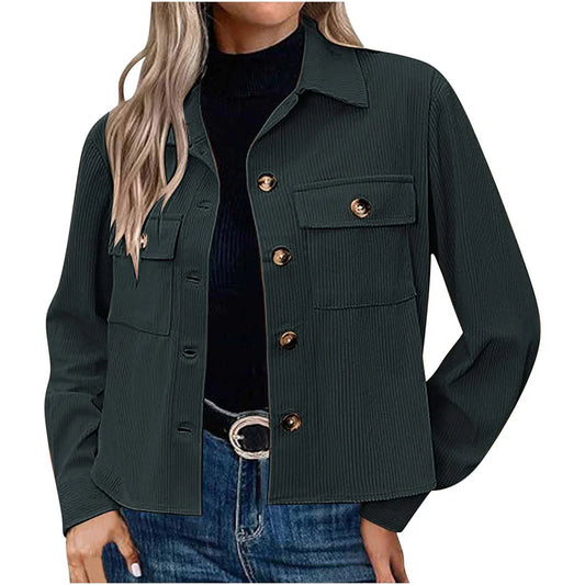 Damen Utility-Jacke – Lockere Passform – Gerippte Struktur – Knopfleiste – Brusttaschen