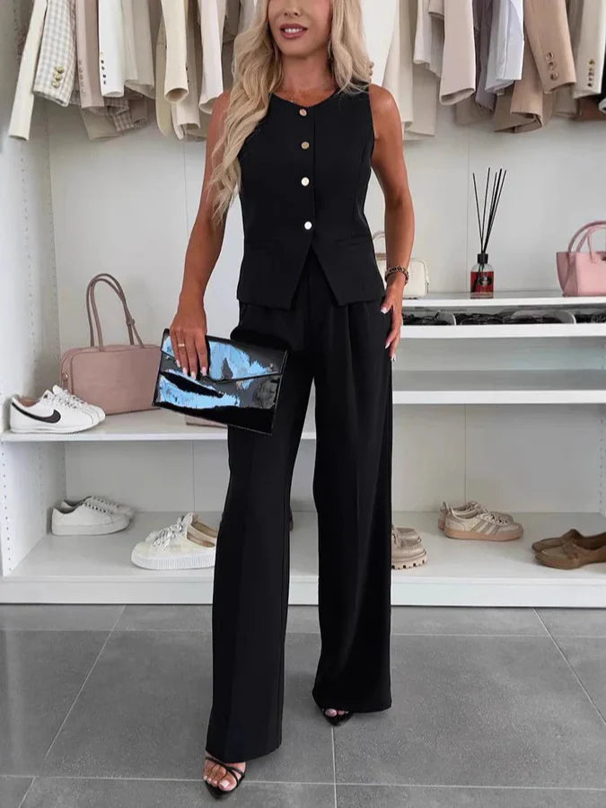 Damen Anzug Set – Ärmelloser Blazer – Weit geschnittene Hose – Elegant Tailiert