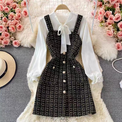 Damen Zweiteiler Kleidset – Tweed Pinafore Kleid – Schleifenbluse – Tailliert Elegant