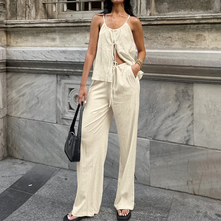 Damen Zweiteiler Set – Ärmelloses Crop Top – High Waist Hose – Atmungsaktive Fasern