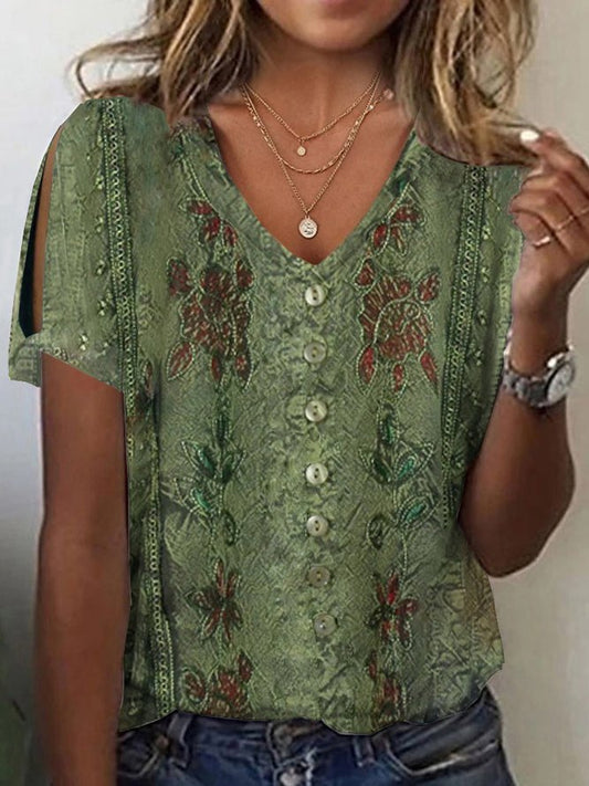Damen Bluse – Lockerer Schnitt – V-Ausschnitt – Boho Stickerei – Atmungsaktives Gewebe