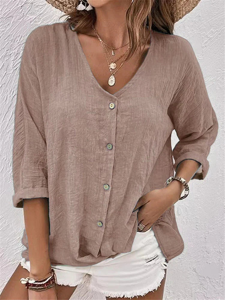 Damen Bluse – Linnen – Lockerer Schnitt – V-Ausschnitt – Knopfleiste – 3/4 Ärmel