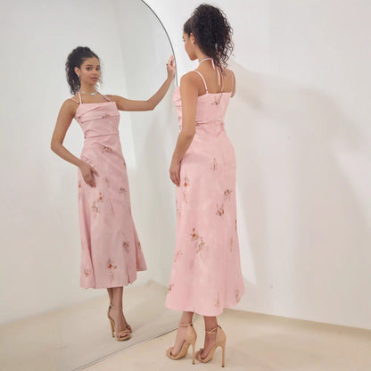 Damen Midi Kleid – A-Linie – Strappy Design – Raffung – Florales Muster – Luxus Stoff