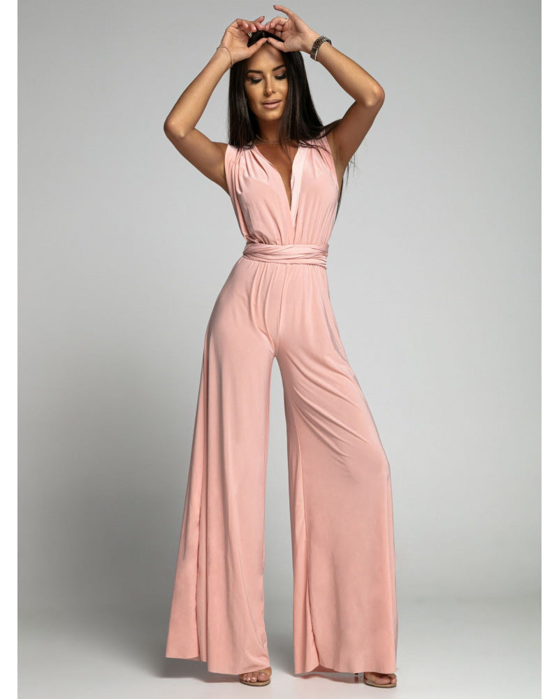 Damen Jumpsuit – Atmungsaktiver Stoff – Ärmellos – Wickel-V-Ausschnitt – Weites Bein