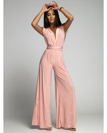 Damen Jumpsuit – Atmungsaktiver Stoff – Ärmellos – Wickel-V-Ausschnitt – Weites Bein