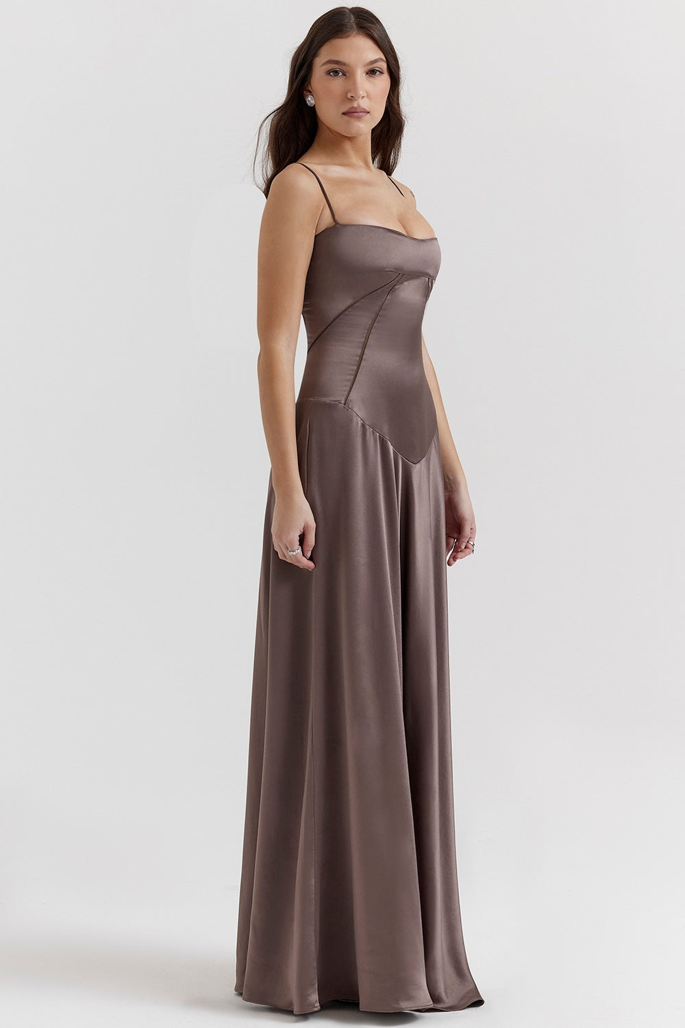 Damen Abendkleid – A-Linie – Luxusstoff – Spaghettiträger – Cut-Out Taille – Lang