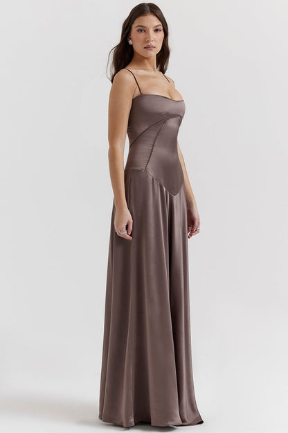 Damen Abendkleid – A-Linie – Luxusstoff – Spaghettiträger – Cut-Out Taille – Lang