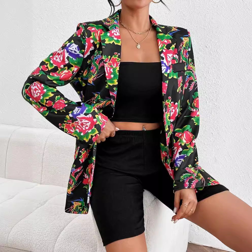 Damen Blazer – Slim Fit – Luxusstoff – Florales Muster – Ein-Knopf – Hüftlang