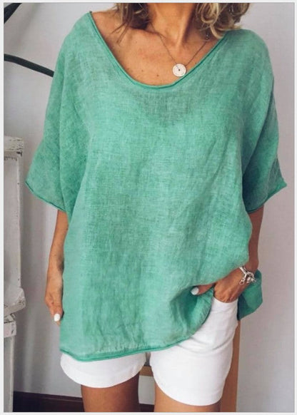 Damen T-Shirt – Linnen Baumwollmix – Lockerer Schnitt – V-Ausschnitt Kurzarm