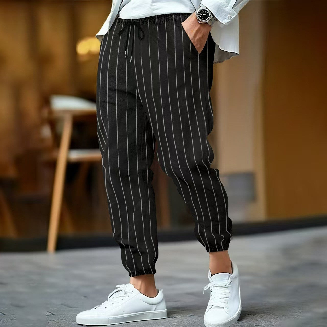 Herren Freizeithose – Lockerer Schnitt – Baumwollmix – Elastikbund mit Kordelzug
