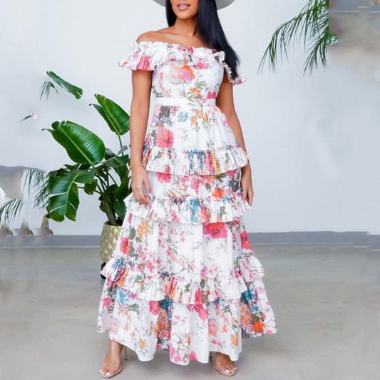 Damen Maxikleid – Natürliche Fasern – Schulterfrei – Stufiges Design – Lockerer Schnitt
