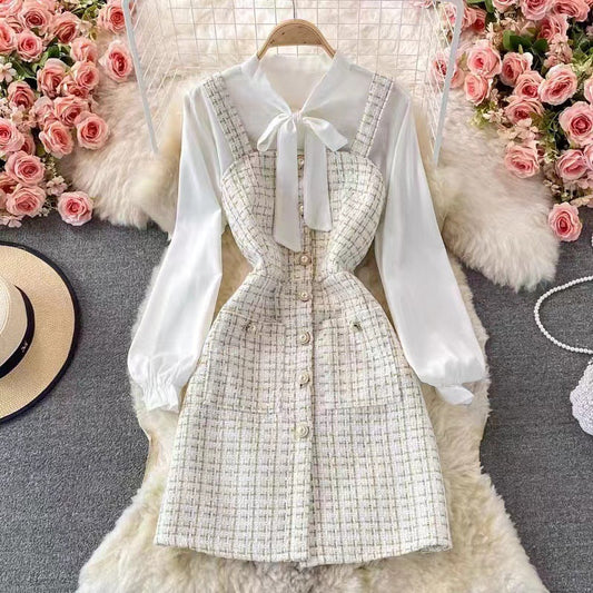 Damen Zweiteiler Kleidset – Tweed Pinafore Kleid – Schleifenbluse – Tailliert Elegant