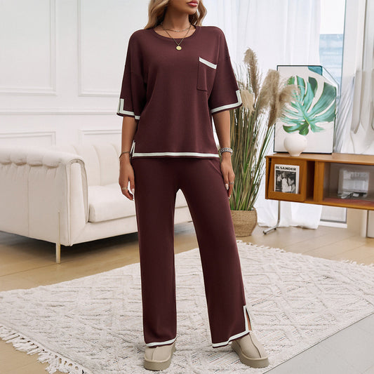 Damen Lounge Set – Strick – Relaxed Fit – Weites Bein – Kontrastdetails