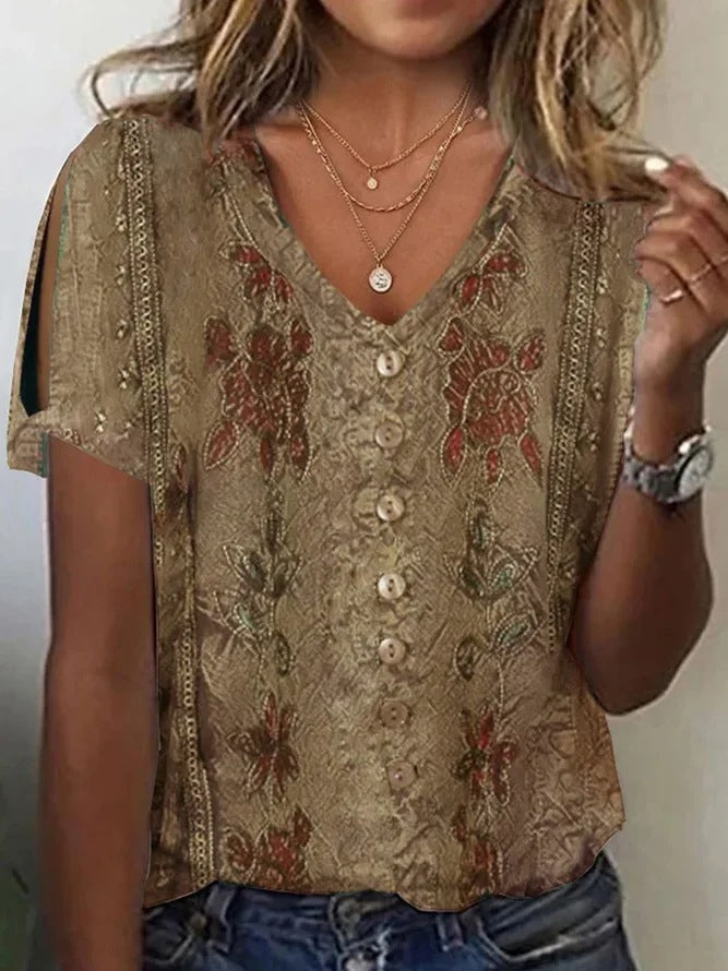 Damen Bluse – Lockerer Schnitt – V-Ausschnitt – Boho Stickerei – Atmungsaktives Gewebe