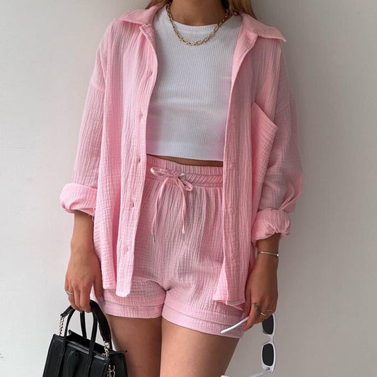 Damen Zweiteiler Set – Oversize Crinkle Hemd – High Waist Shorts mit Kordelzug