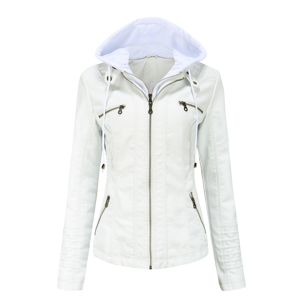 Damen Kapuzenjacke – Slim Fit – Kunstleder – Abnehmbare Kapuze – Zipper Taschen