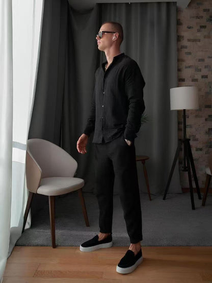 Herren Freizeit Set – Linnen-Mix – Relaxed Fit – Hemd mit Knöpfen & Tapered Hose