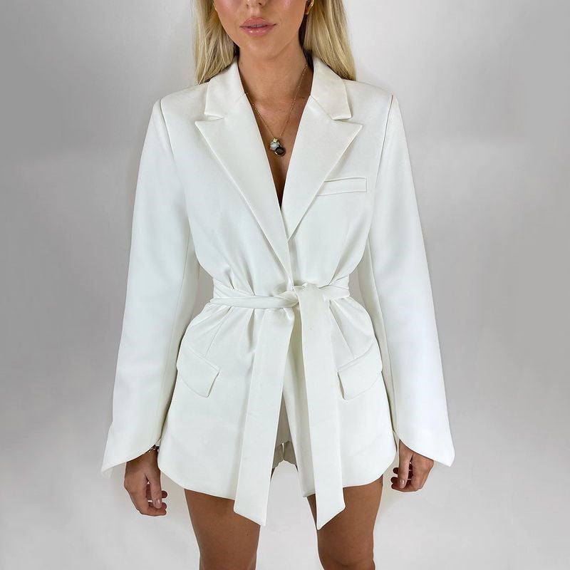 Damen Blazer – Longline Schnitt – Tailliert – Bindegürtel – Eleganter Reverskragen