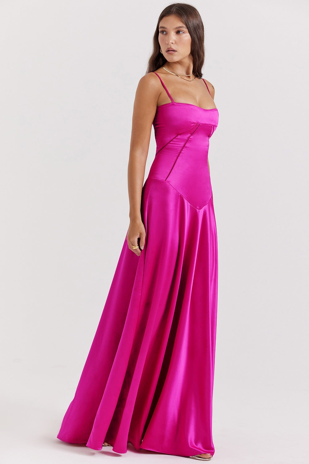 Damen Abendkleid – A-Linie – Luxusstoff – Spaghettiträger – Cut-Out Taille – Lang
