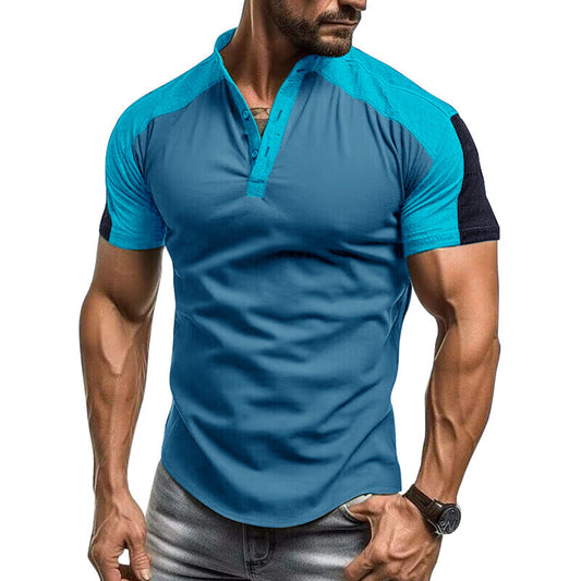 Herren Kurzarmhemd – Slim Fit – Atmungsaktiv – Kragenloses Design – Kontrastdetails