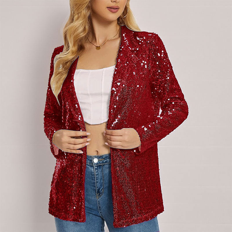 Damen Blazer – Taillierter Schnitt – Paillettenstoff – Offene Front – Lange Ärmel