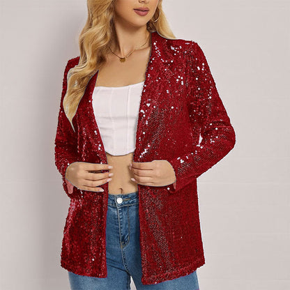 Damen Blazer – Taillierter Schnitt – Paillettenstoff – Offene Front – Lange Ärmel