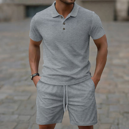 Herren Set – T-Shirt & Shorts – Slim Fit – Atmungsaktiv – Texturiertes Design – Knopfleiste – Elastischer Bund