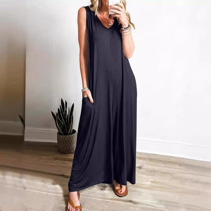 Damen Maxikleid – Weicher Feinstrick – Ärmellos – V-Ausschnitt – Seitentaschen