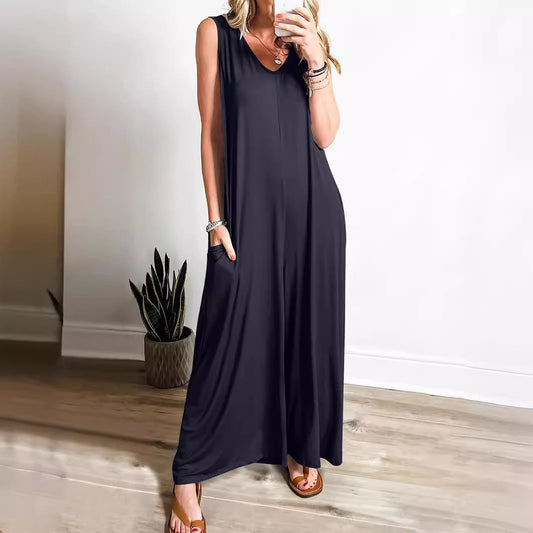 Damen Maxikleid – Weicher Feinstrick – Ärmellos – V-Ausschnitt – Seitentaschen