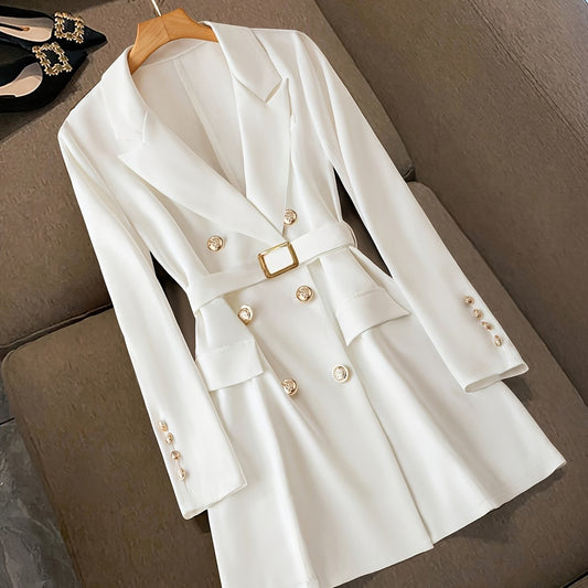 Damen Blazerkleid – Taillierte Passform – Notch-Revers – Gürtel – Goldknöpfe – Langarm