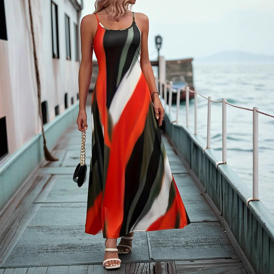 Damen Maxikleid – Figurbetontes Oberteil – Fließender Schnitt – Spaghettiträger – Satinoptik