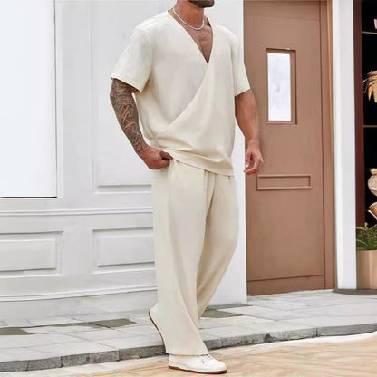 Herren Freizeit Set – V-Ausschnitt – Kurzarm – Lockere Passform – Atmungsaktive Mischung