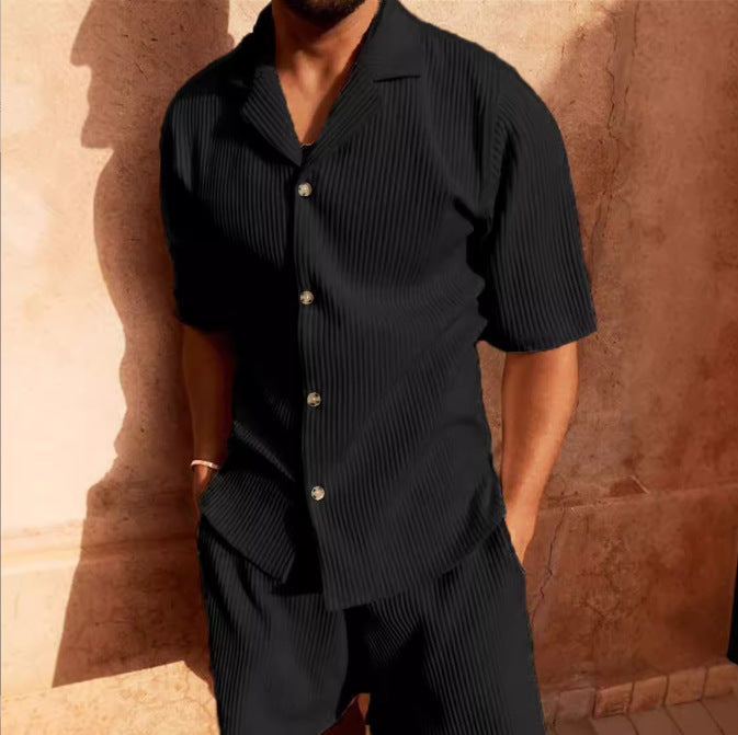Herren Freizeit Set – Kurzarm Hemd mit Knopfleiste – Weiche Struktur – Lockerer Schnitt
