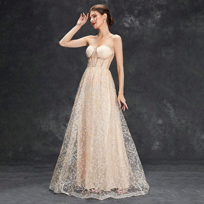 Damen Abendkleid – A-Linie – Schulterfrei – Bestickter Tüll – Bodenlang