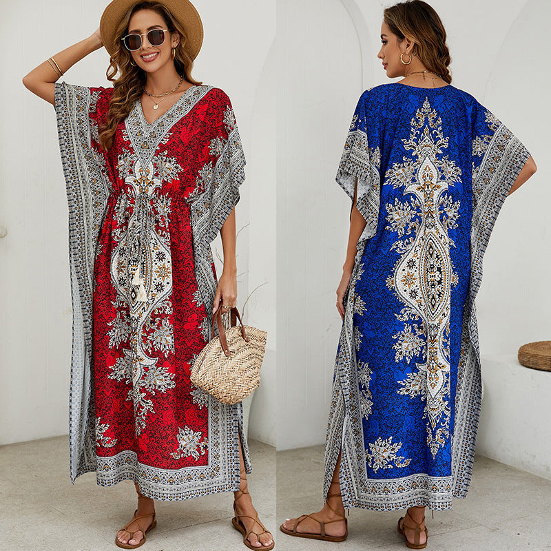 Damen Maxikleid – Luftiges Design – V-Ausschnitt – Weite Ärmel – Ornamentmuster