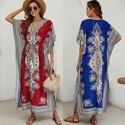 Damen Maxikleid – Luftiges Design – V-Ausschnitt – Weite Ärmel – Ornamentmuster