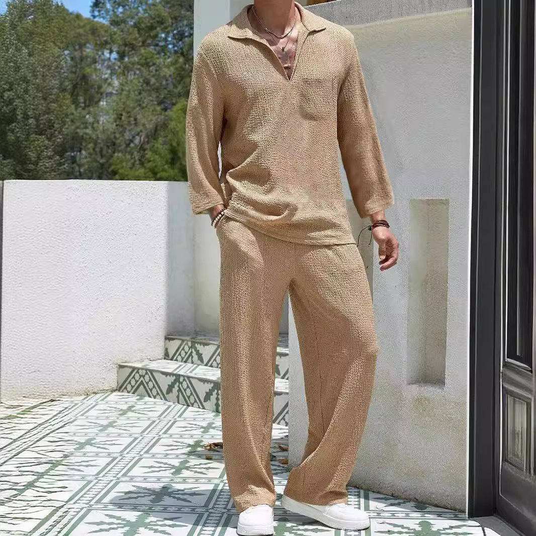 Herren Lounge Set – Relaxed Fit – Weicher Rippstrick – Langarmshirt & Hose