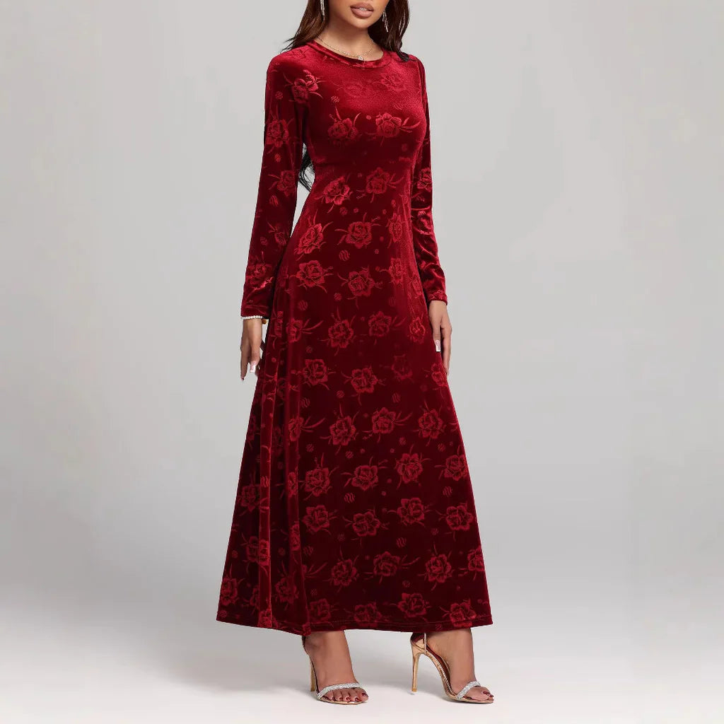 Damen Maxikleid – A-Linie – Samtoptik mit Blumenprägung – Langarm Elegantes Design