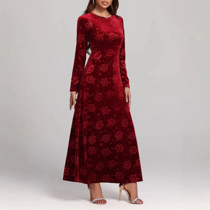 Damen Maxikleid – A-Linie – Samtoptik mit Blumenprägung – Langarm Elegantes Design
