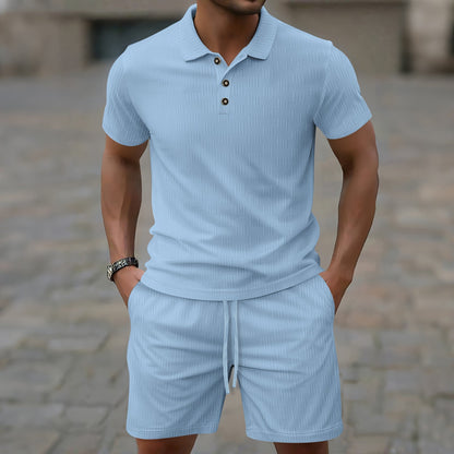 Herren Set – T-Shirt & Shorts – Slim Fit – Atmungsaktiv – Texturiertes Design – Knopfleiste – Elastischer Bund