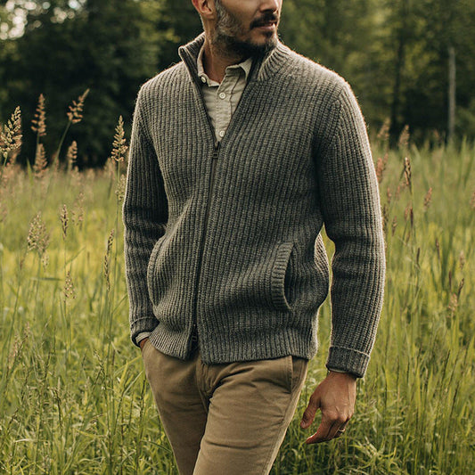 Herren Cardigan mit Reißverschluss – Regular Fit – Rippstrick – Stehkragen mit Taschen