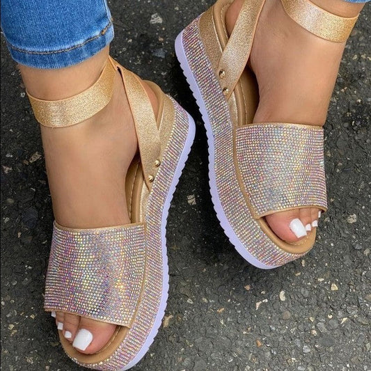 Damen Plateau Sandalen – Chunky Sohle – Strass – Verstellbarer Riemen – Offen
