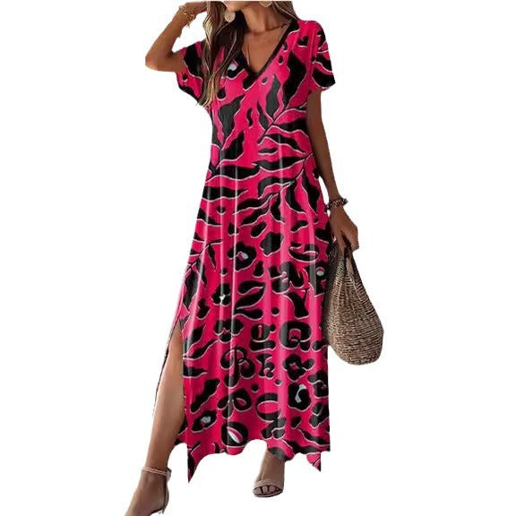 Damen Maxikleid – Lockerer Schnitt – V-Ausschnitt – Kurzarm – Atmungsaktiv – Seitenschlitz – Animal Print