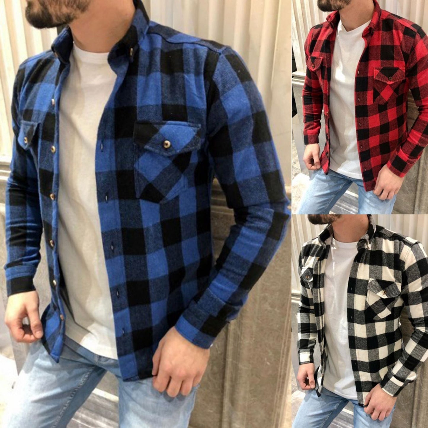 Herren Freizeithemd – Kariert – Lockere Passform – Leinen-Baumwollmix – Langarm mit Taschen