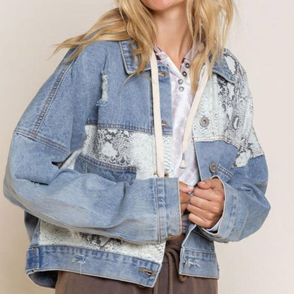 Damen Jeansjacke – Lockerer Schnitt – Cropped Länge – Leopardenprint – Used-Look