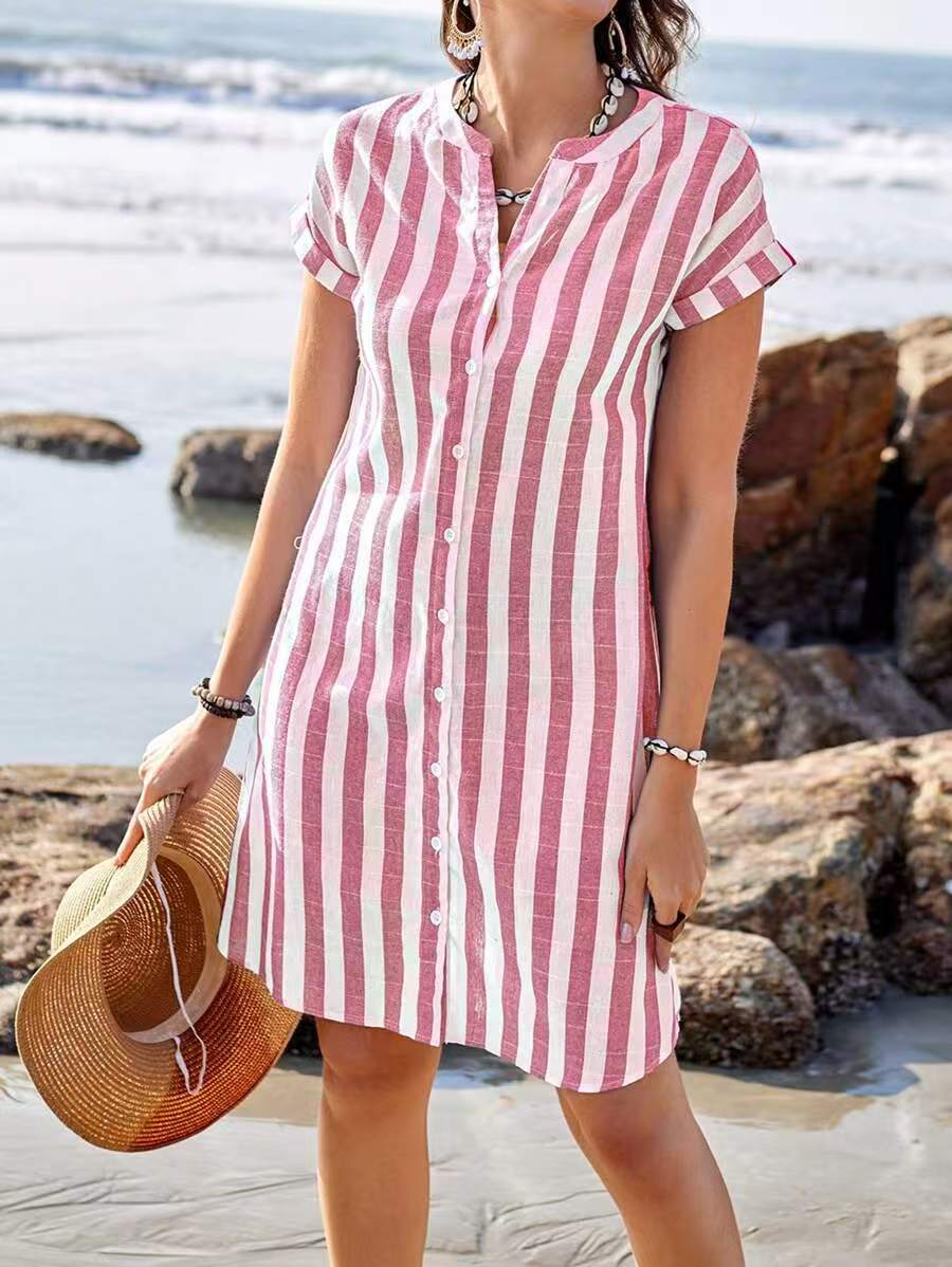 Damen Hemdkleid – Relaxed Fit – V-Ausschnitt – Vertikale Streifen – Knopfleiste – Atmungsaktive Fasern – Knielang