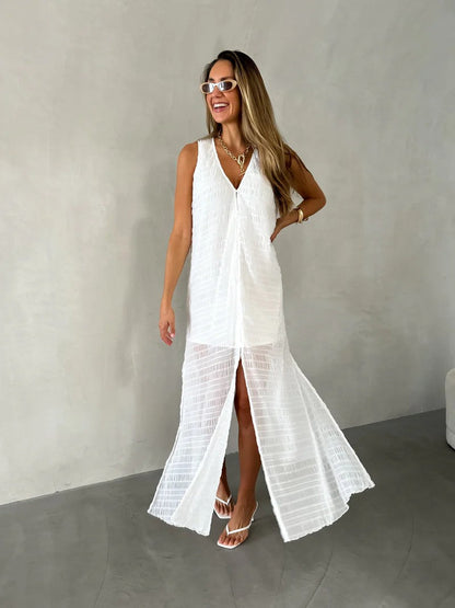 Damen Maxikleid – Fließende Passform – Ärmellos mit V-Ausschnitt – Spitze mit Schlitz